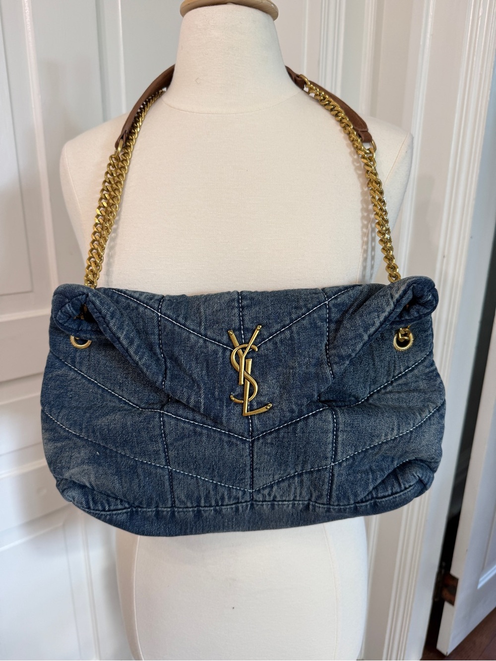 Saint Laurent Denim Quilted Shoulder Bag in Blue with Gold Hardware